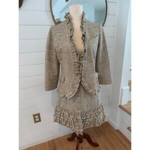 Vintage 80s Gold Tweed Skirt Suit Set | Fine Garments by Bell | Ruffle Trim